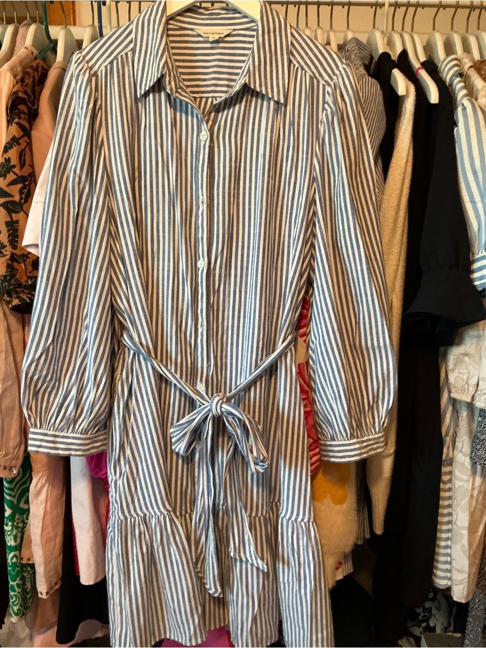 Max Studio Striped Blue and White Button-Up Tie-Waist Shirt Dress size large